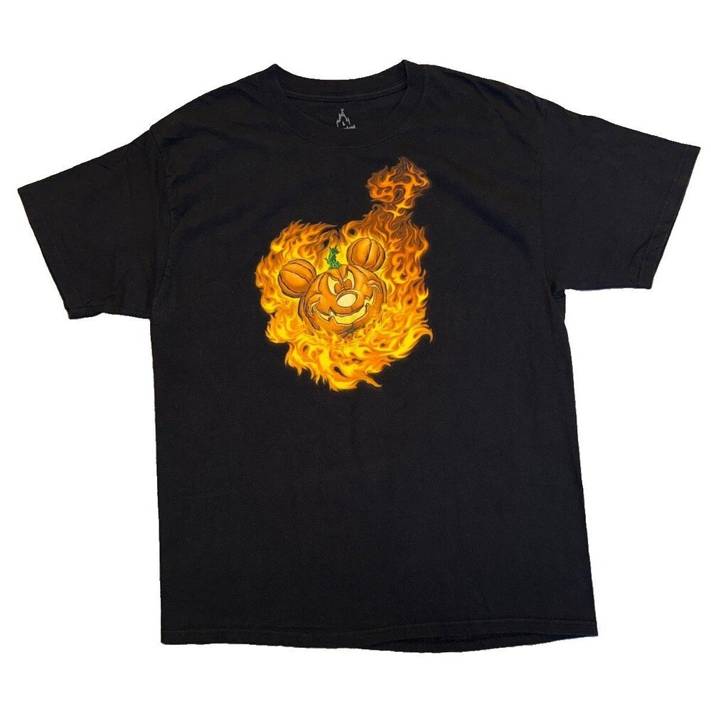 Disney Parks Halloween 2011 Large Shirt Fire Mickey Pumpkin Double Sided Black